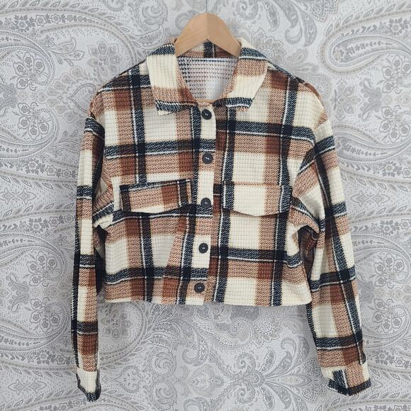 Lumberjane crop super soft Women's plaid textured flannel shacket Sz Small Fall - Picture 2 of 8